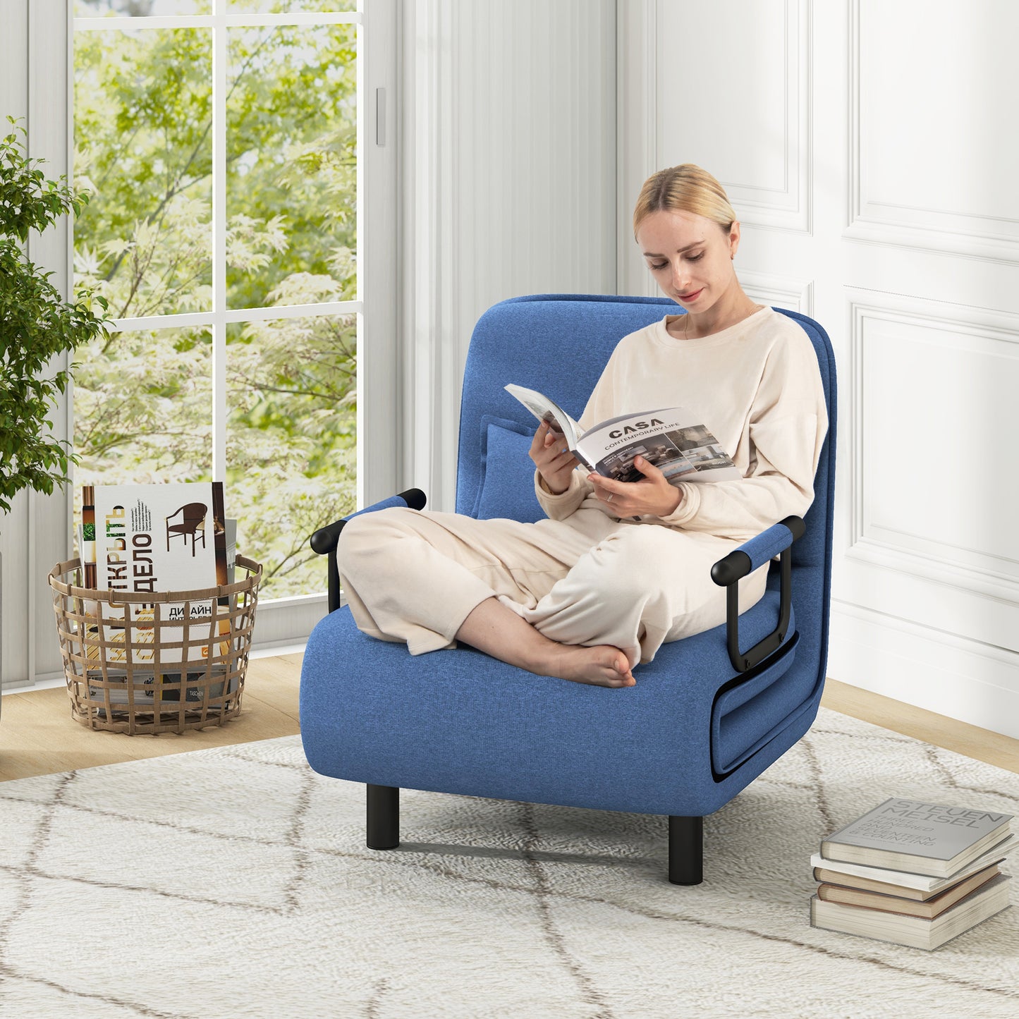 3-in-1 Convertible Sofa Bed with 5-Position Adjustable Backrest and Lumbar Pillow, Blue Accent Chairs at Gallery Canada