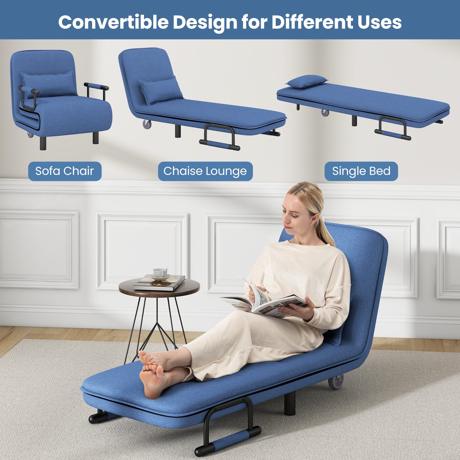 3-in-1 Convertible Sofa Bed with 5-Position Adjustable Backrest and Lumbar Pillow, Blue Accent Chairs at Gallery Canada