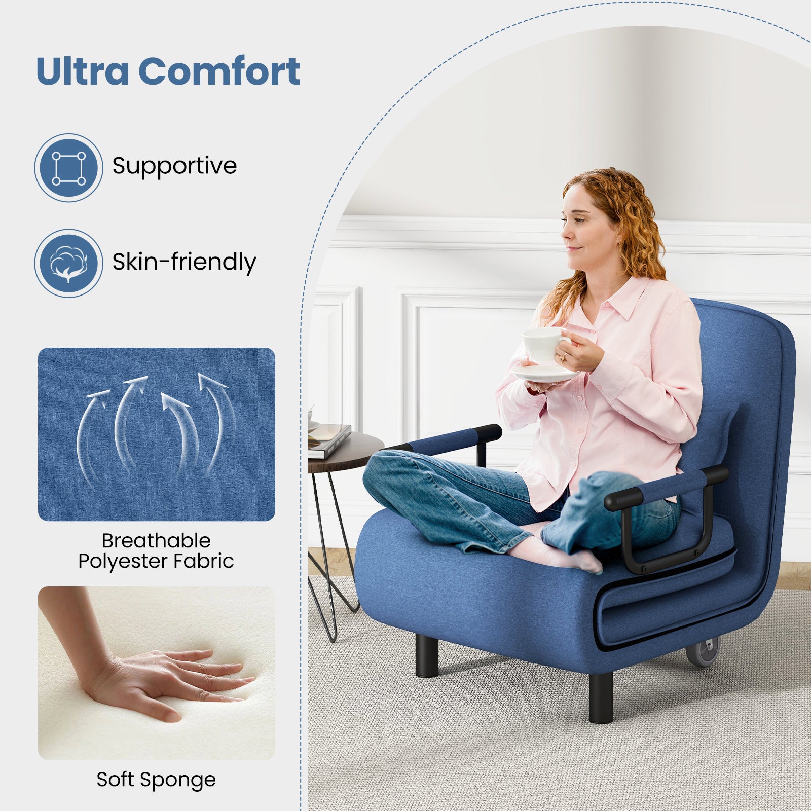 3-in-1 Convertible Sofa Bed with 5-Position Adjustable Backrest and Lumbar Pillow, Blue Accent Chairs at Gallery Canada