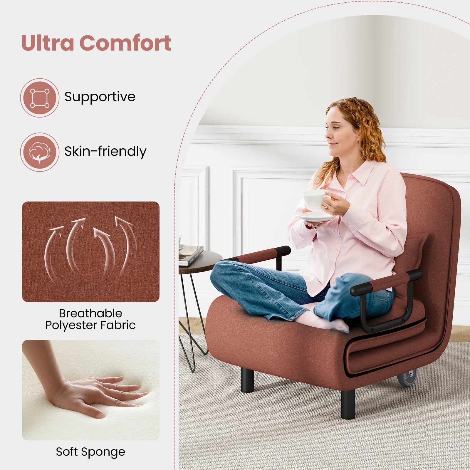 3-in-1 Convertible Sofa Bed with 5-Position Adjustable Backrest and Lumbar Pillow, Brown Accent Chairs at Gallery Canada