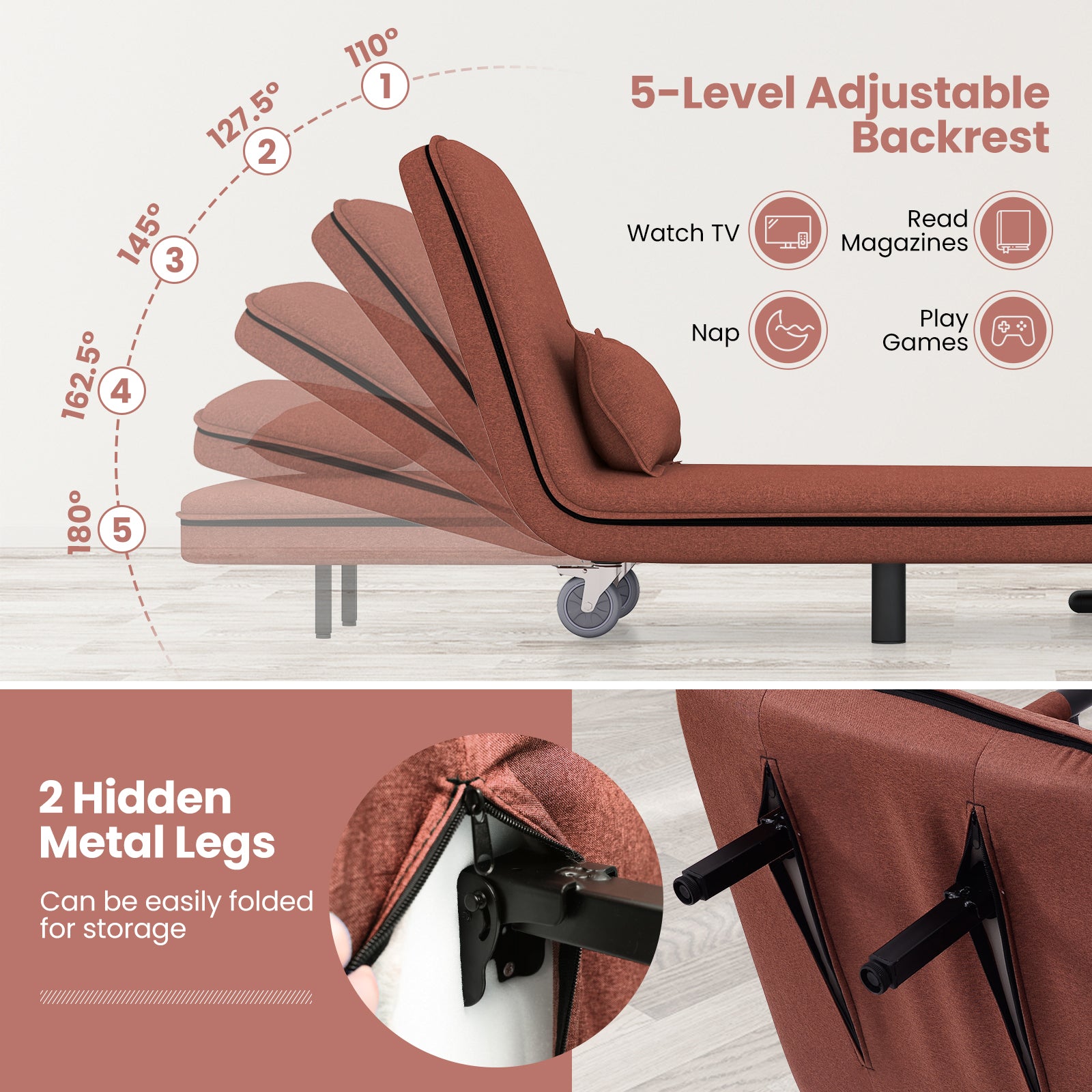 3-in-1 Convertible Sofa Bed with 5-Position Adjustable Backrest and Lumbar Pillow, Brown Accent Chairs at Gallery Canada