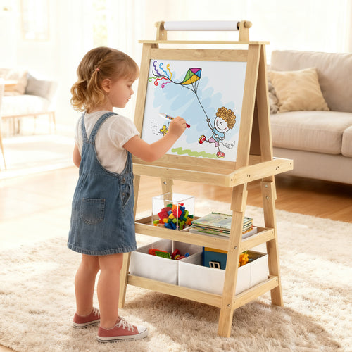 3-in-1 Double-Sided Storage Art Easel, Natural