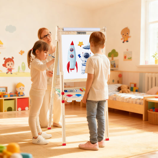 3-in-1 Double-Sided Folding Wooden Kids Art Easel with Paper Roll