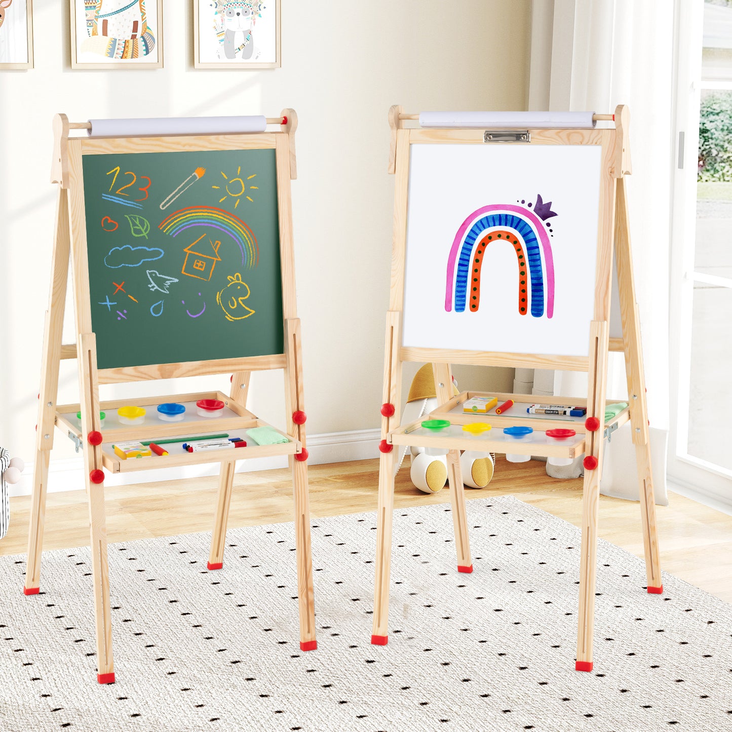 3-in-1 Double-Sided Folding Wooden Kids Art Easel with Paper Roll