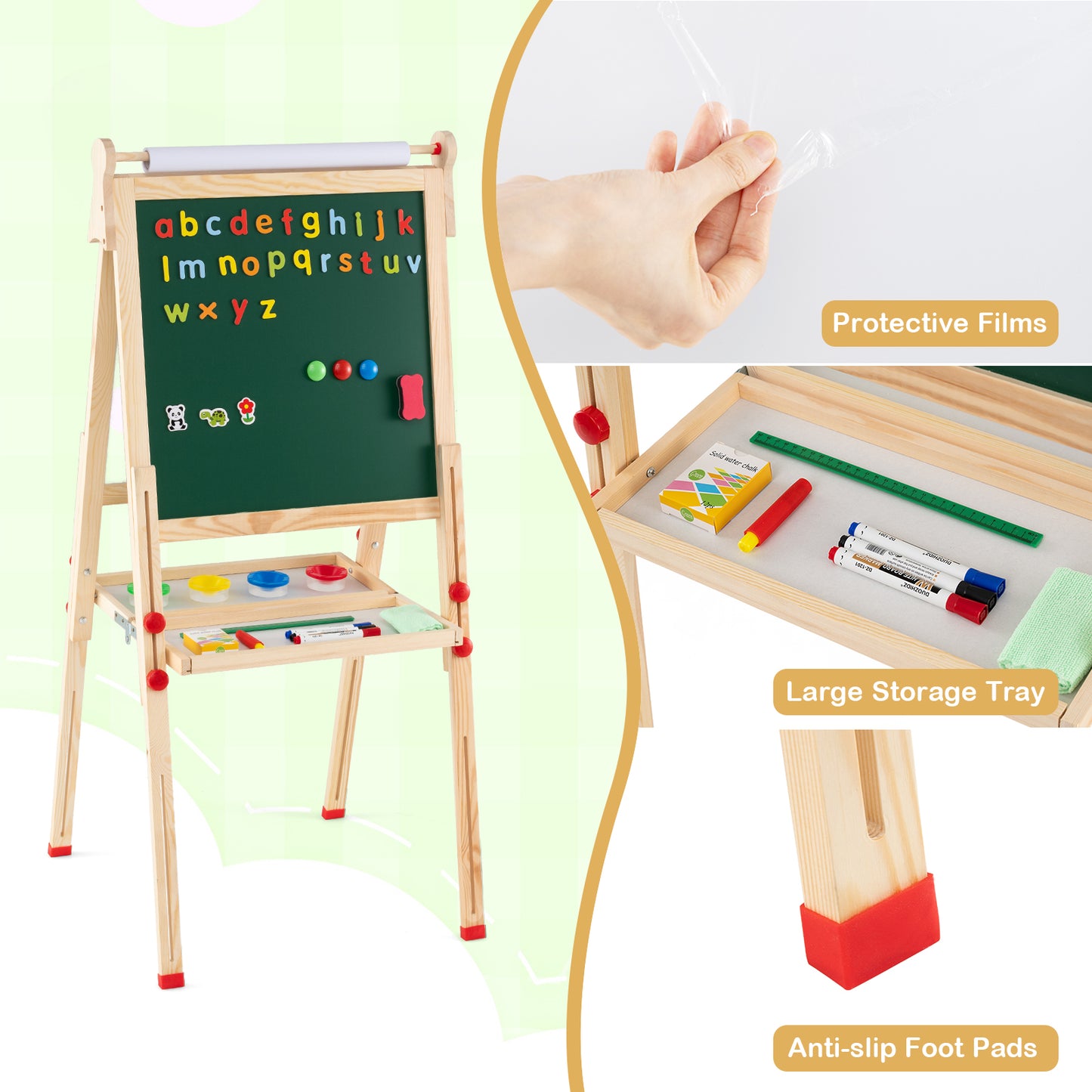 3-in-1 Double-Sided Folding Wooden Kids Art Easel with Paper Roll
