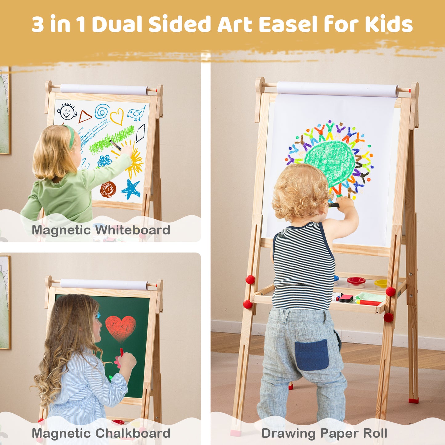 3-in-1 Double-Sided Folding Wooden Kids Art Easel with Paper Roll