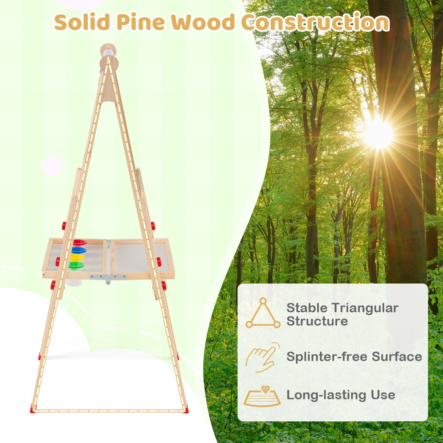 3-in-1 Double-Sided Folding Wooden Kids Art Easel with Paper Roll