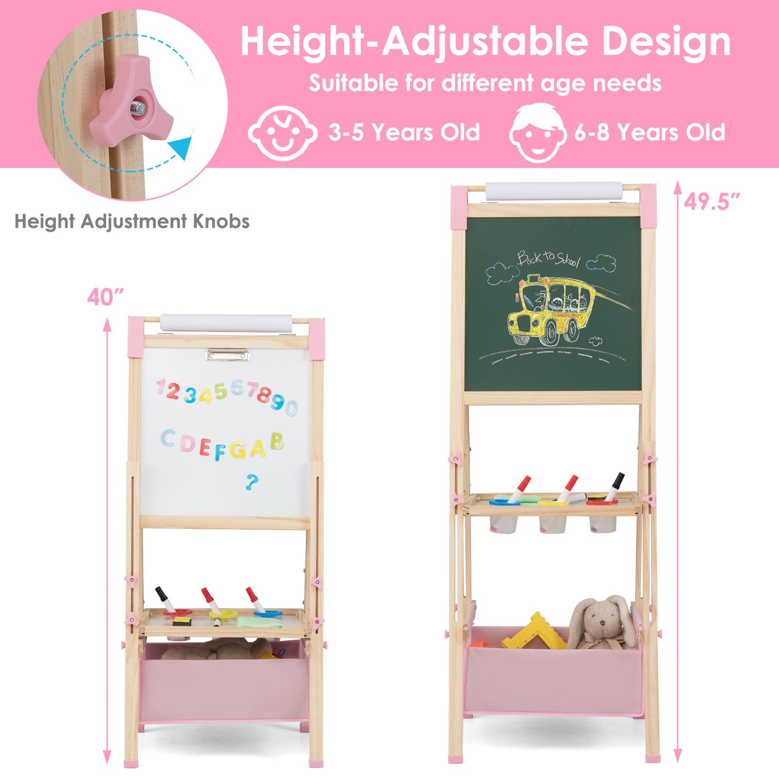 3-in-1 Double-Sided Adjustable Kid Easel for 3-8 Years Old Toddlers, Pink Art Easels at Gallery Canada