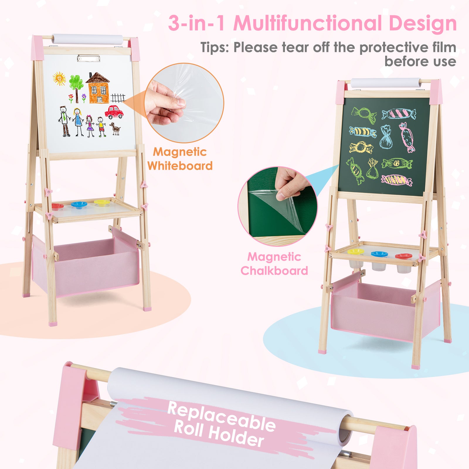 3-in-1 Double-Sided Adjustable Kid Easel for 3-8 Years Old Toddlers, Pink Art Easels at Gallery Canada