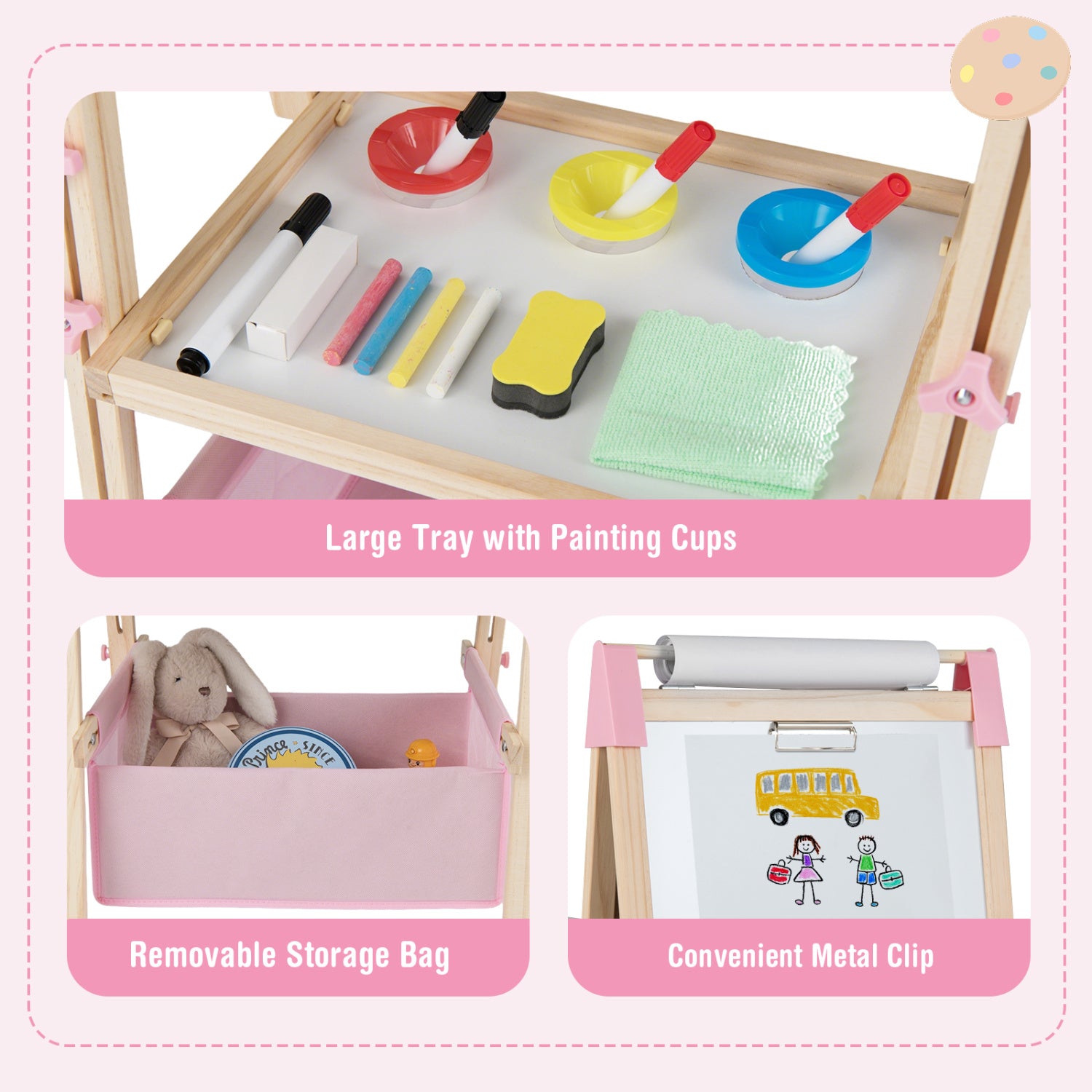 3-in-1 Double-Sided Adjustable Kid Easel for 3-8 Years Old Toddlers, Pink Art Easels at Gallery Canada