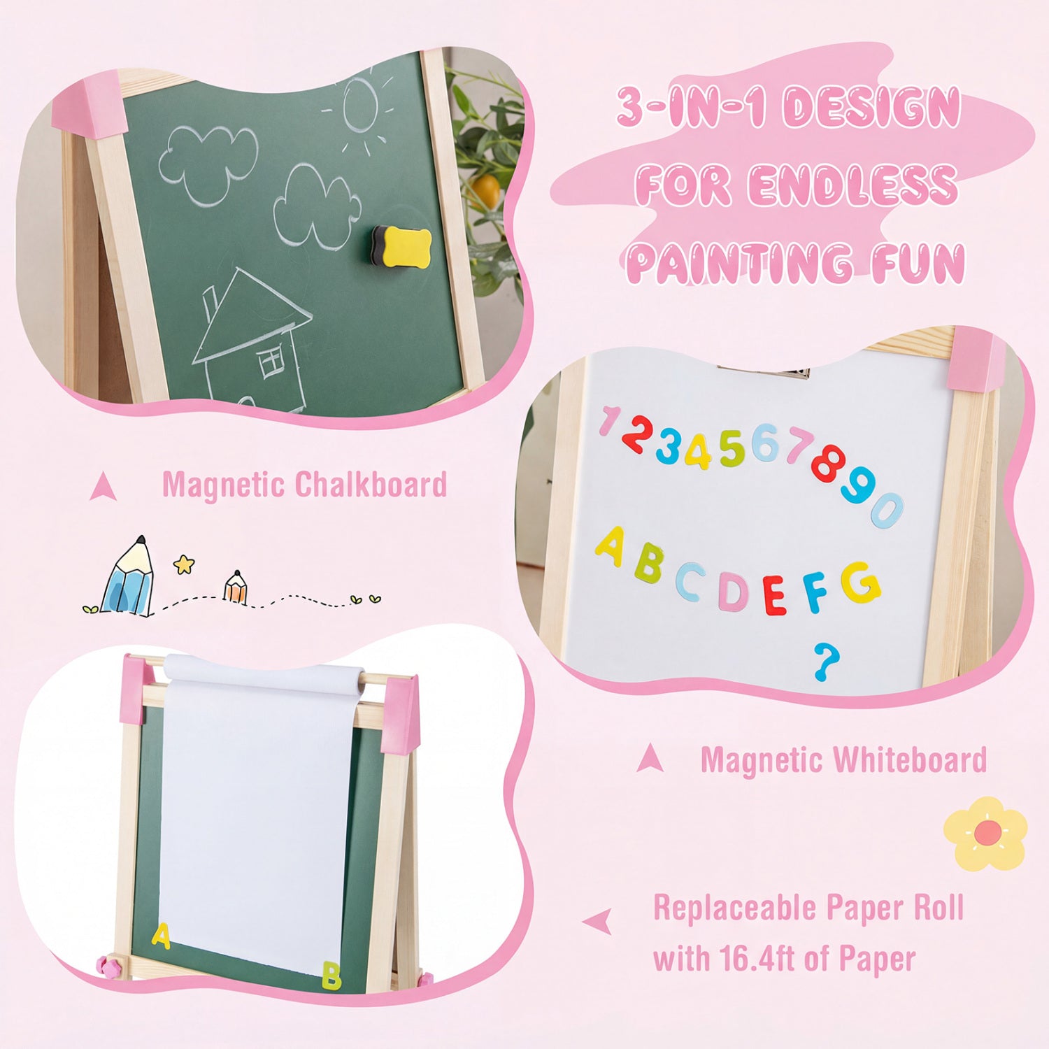 3-in-1 Double-Sided Adjustable Kid Easel for 3-8 Years Old Toddlers, Pink Art Easels at Gallery Canada