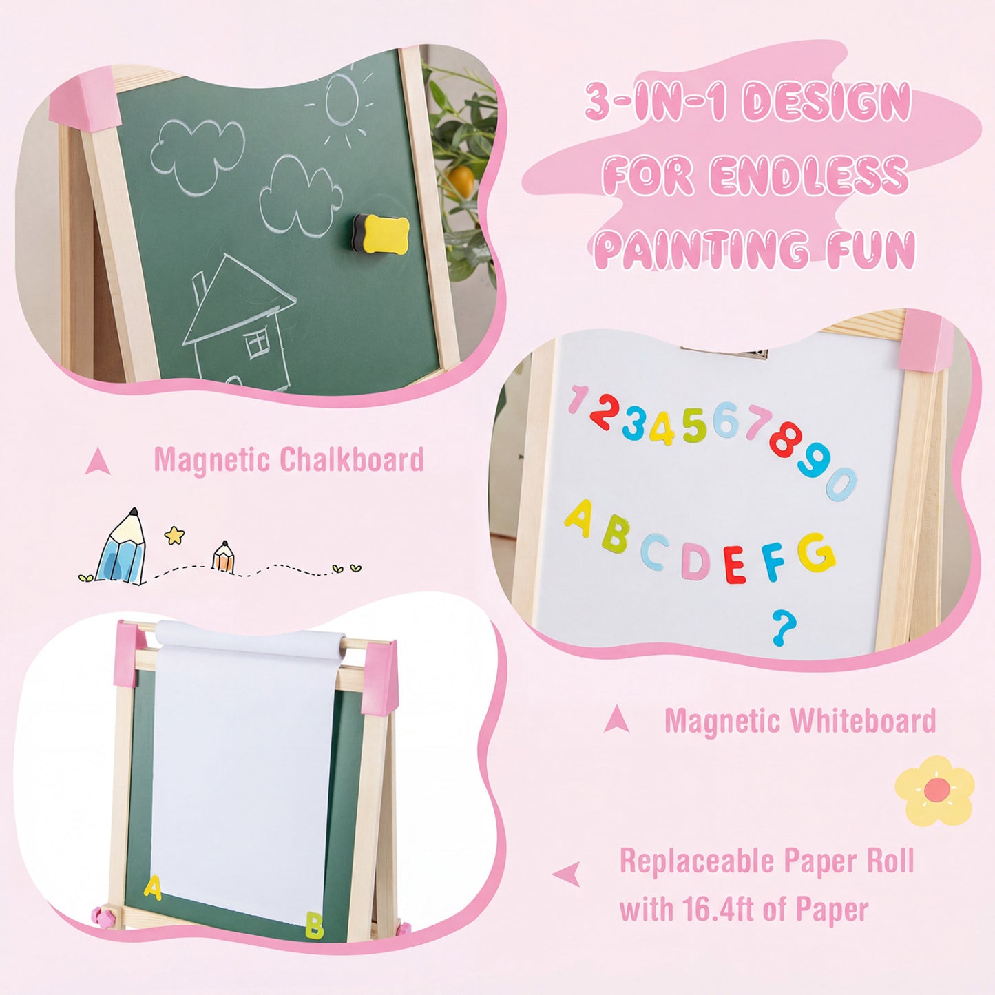 3-in-1 Double-Sided Adjustable Kid Easel for 3-8 Years Old Toddlers, Pink Art Easels at Gallery Canada