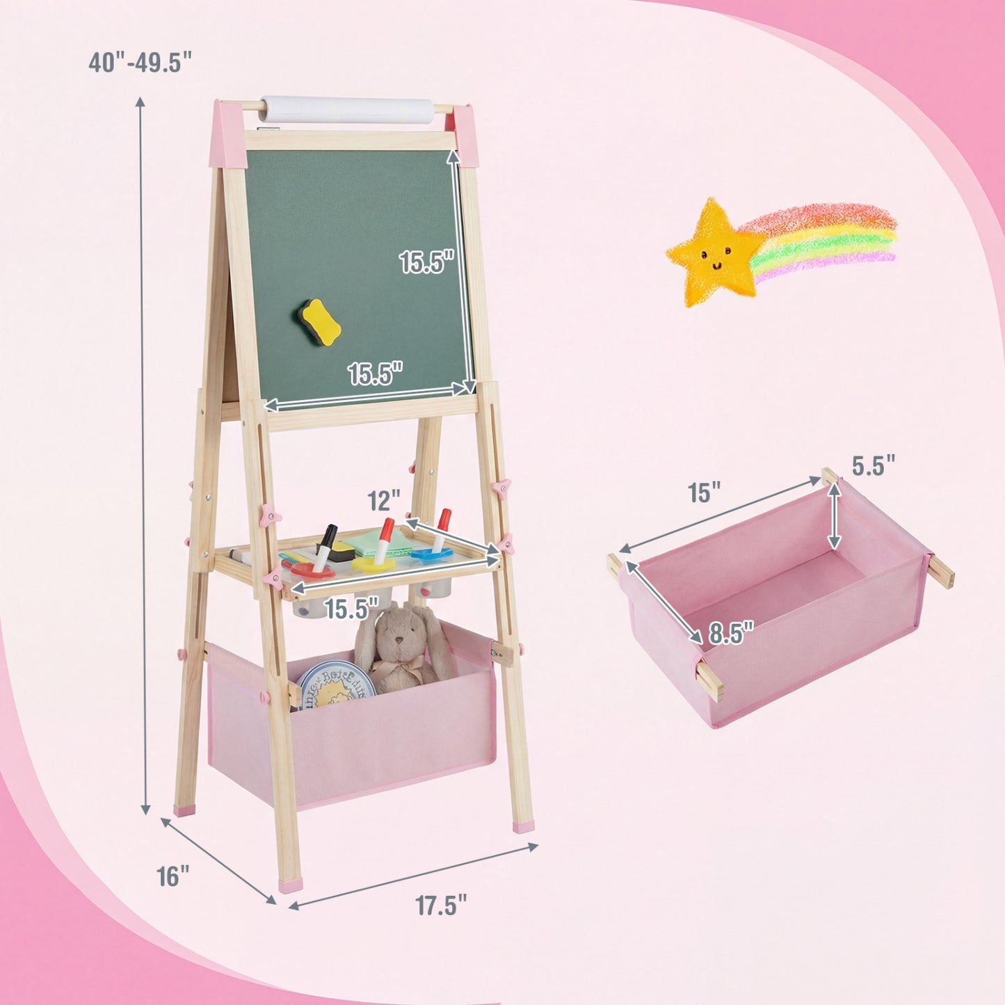 3-in-1 Double-Sided Adjustable Kid Easel for 3-8 Years Old Toddlers, Pink Art Easels at Gallery Canada