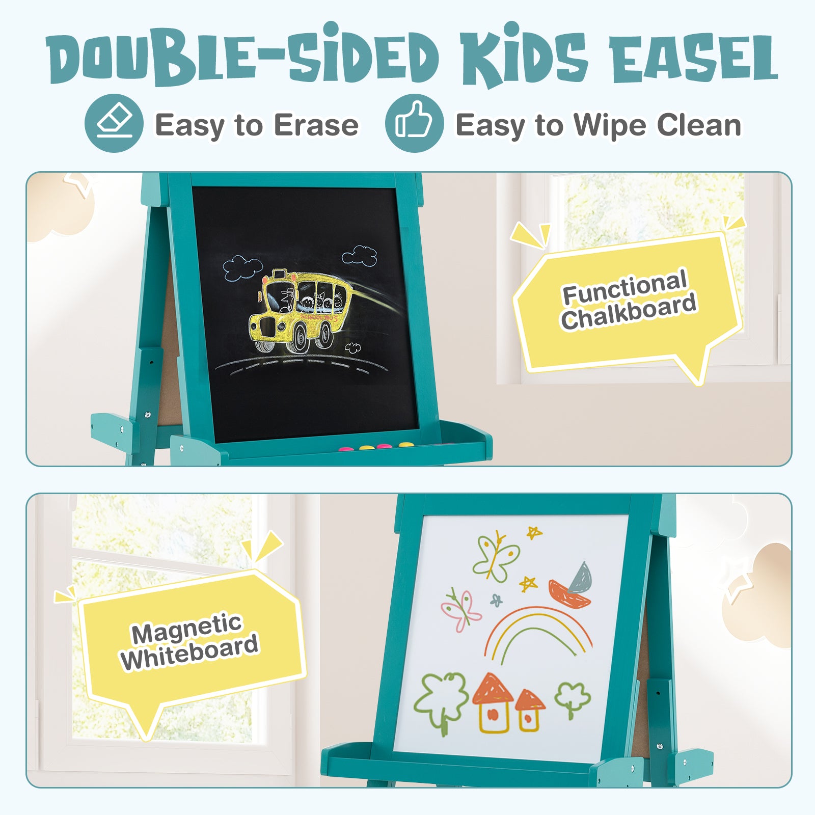3-in-1 Double-sided Art Easel with Chalkboard and Magnetic Whiteboard, Green Art Easels at Gallery Canada