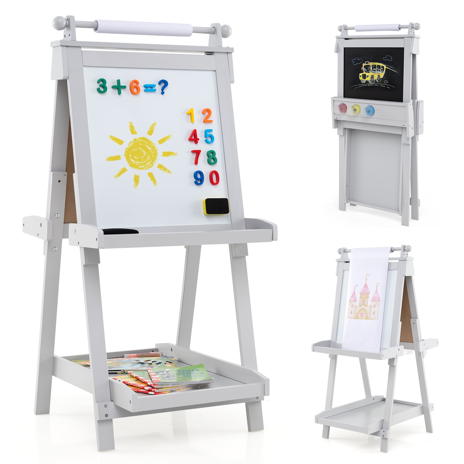 3-In-1 Double-Sided Art Easel With Chalkboard, Magnetic Whiteboard, Gray Art Easels at Gallery Canada