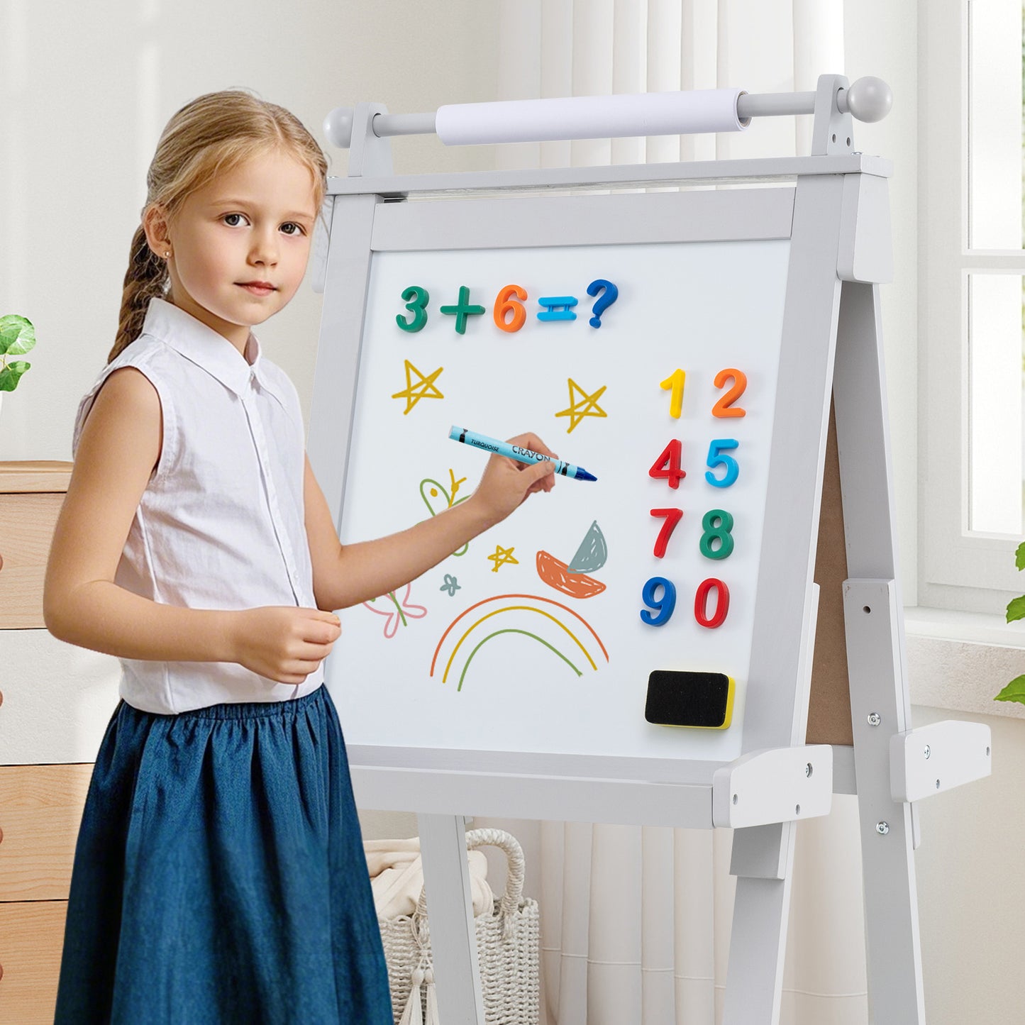 3-in-1 Double-sided Art Easel with Chalkboard and Magnetic Whiteboard, Gray Art Easels at Gallery Canada