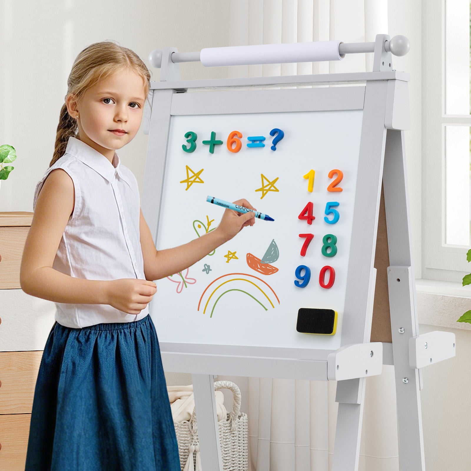 3-in-1 Double-sided Art Easel with Chalkboard and Magnetic Whiteboard, Gray Art Easels at Gallery Canada