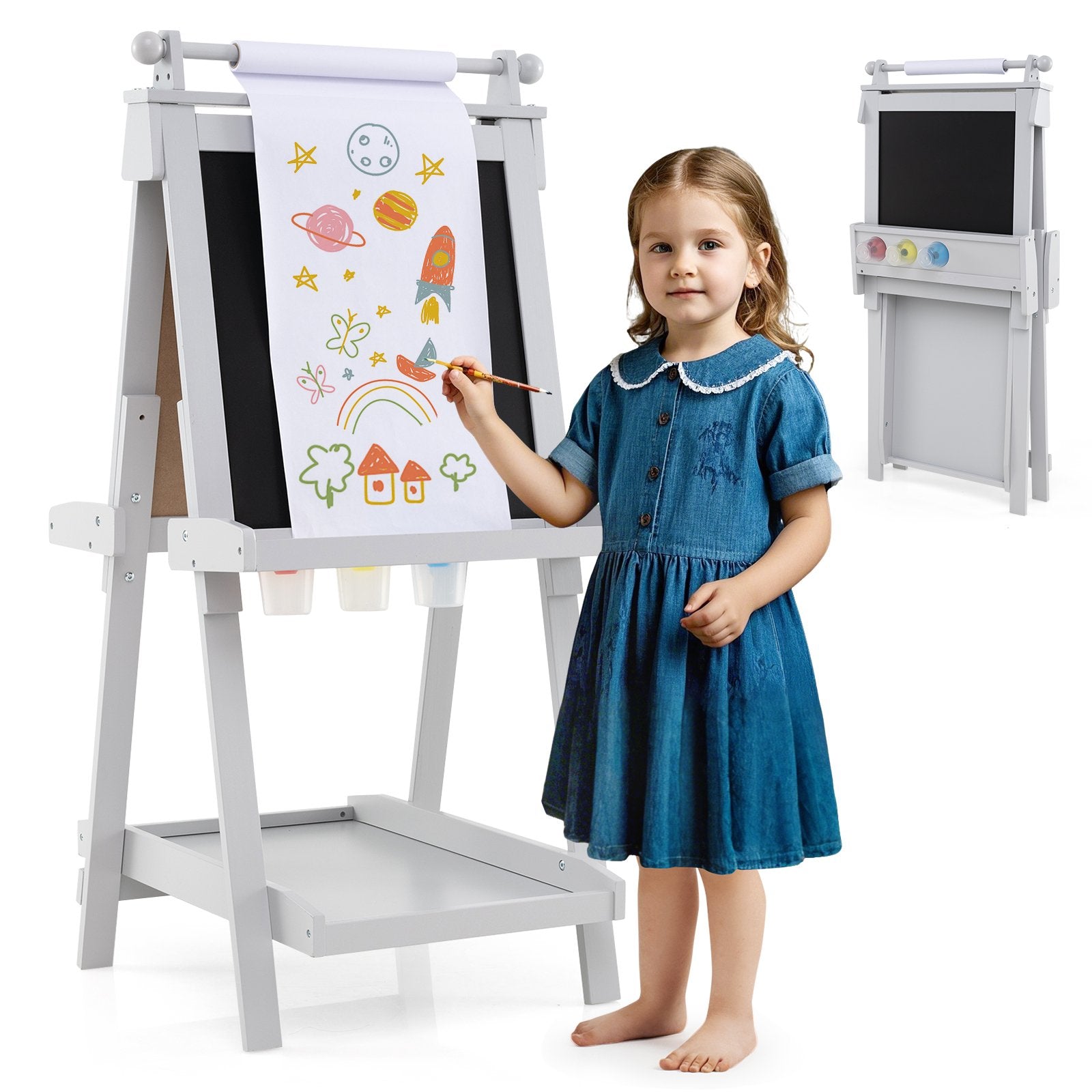 3-in-1 Double-sided Art Easel with Chalkboard and Magnetic Whiteboard, Gray Art Easels at Gallery Canada
