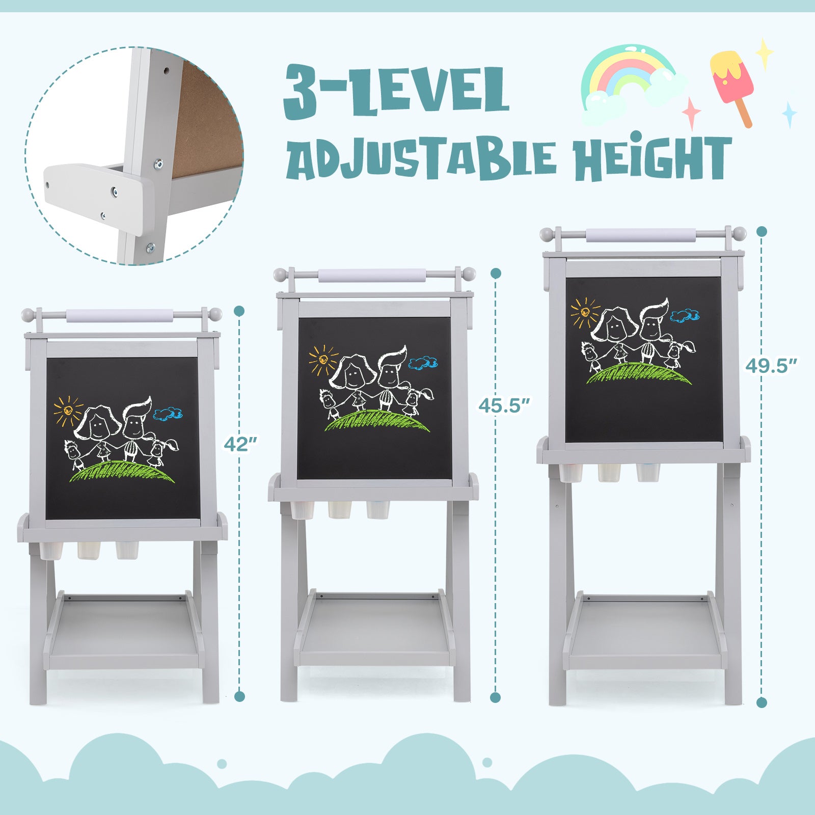 3-in-1 Double-sided Art Easel with Chalkboard and Magnetic Whiteboard, Gray Art Easels at Gallery Canada