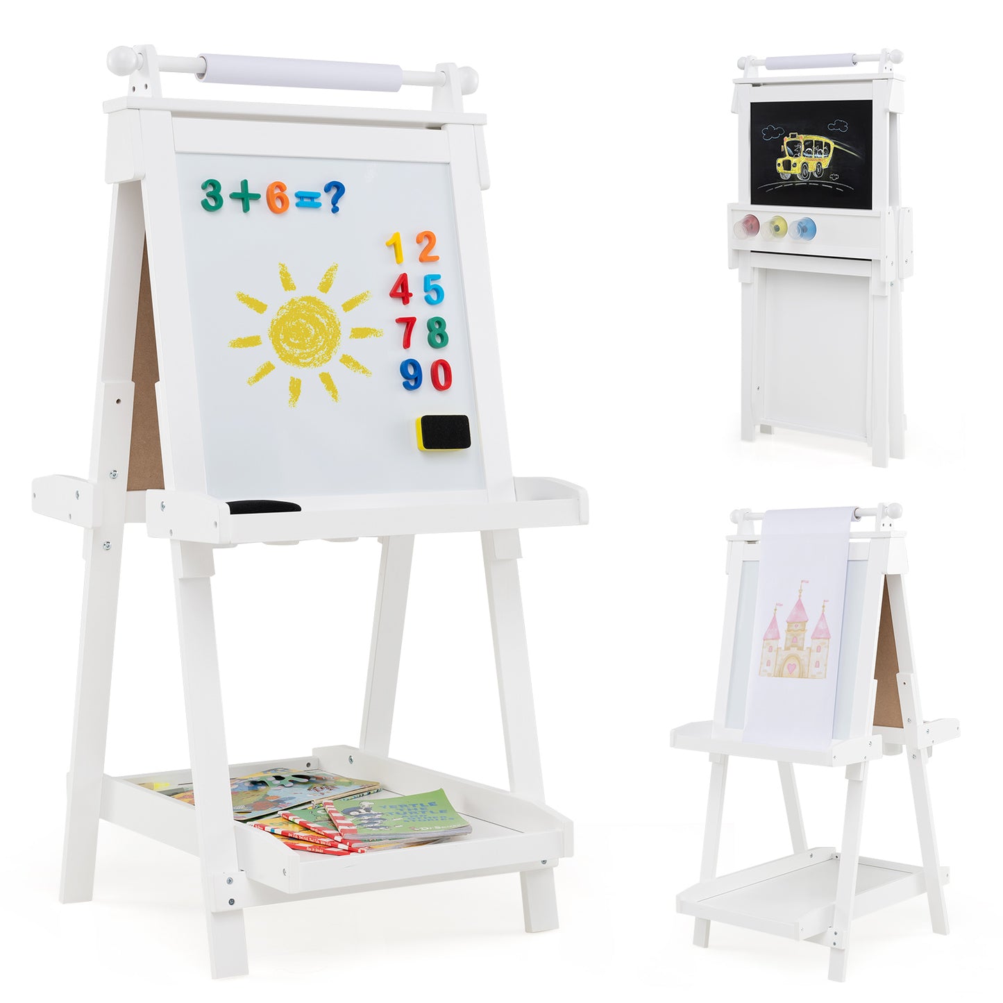 3-in-1 Double-sided Art Easel with Chalkboard and Magnetic Whiteboard, White Art Easels White at Gallery Canada