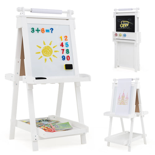 3-in-1 Double-sided Art Easel with Chalkboard and Magnetic Whiteboard, White