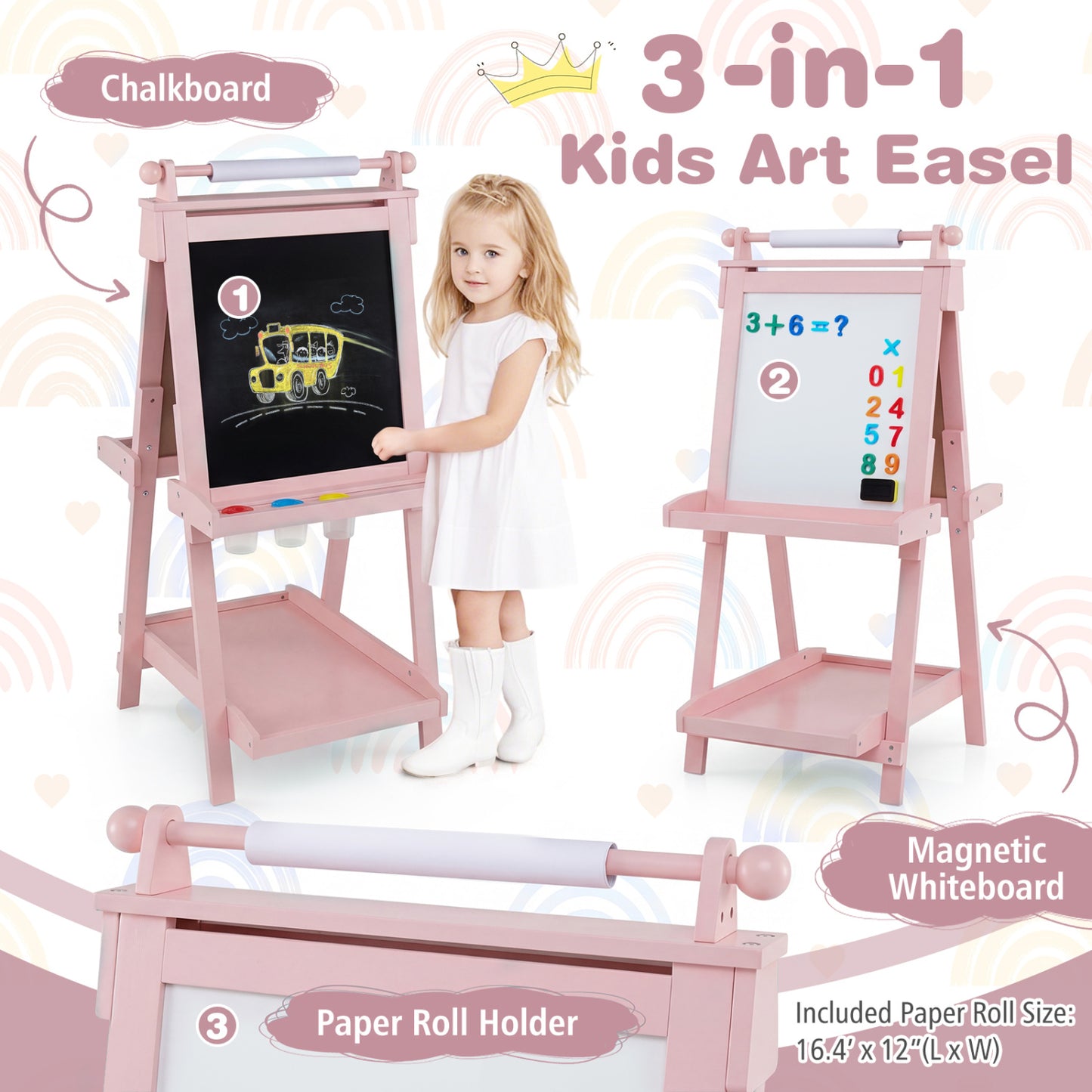 Chevalet d'art double face 3-en-1, rose