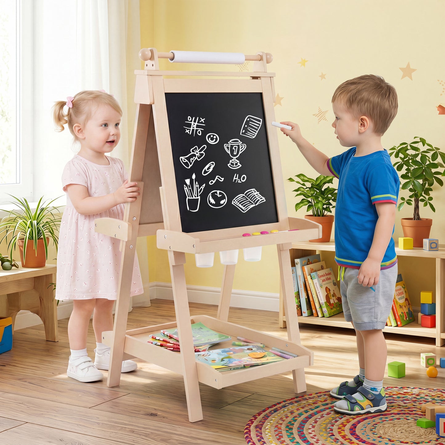 3-In-1 Double-Sided Art Easel, Chalkboard, Whiteboard, Natural