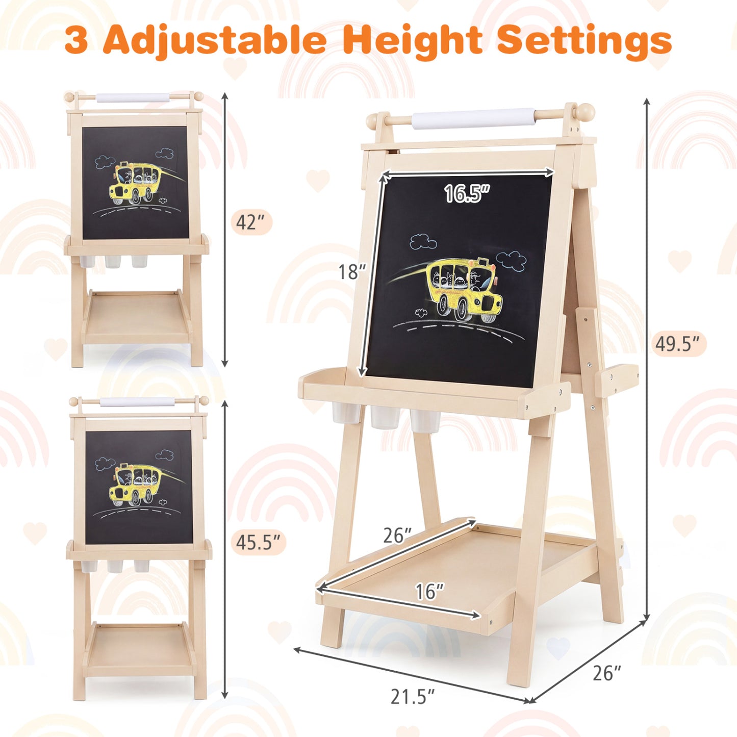 3-In-1 Double-Sided Art Easel, Chalkboard, Whiteboard, Natural