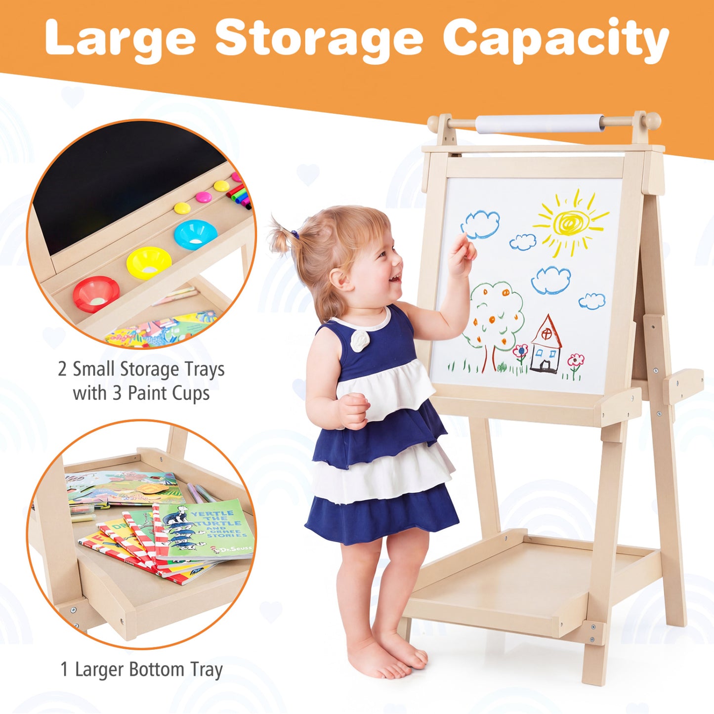 3-In-1 Double-Sided Art Easel, Chalkboard, Whiteboard, Natural