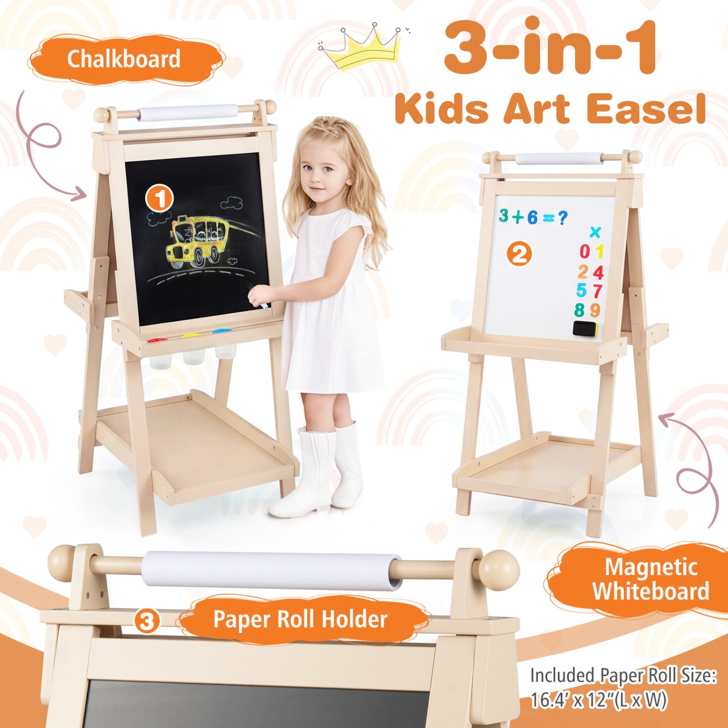 3-In-1 Double-Sided Art Easel, Chalkboard, Whiteboard, Natural