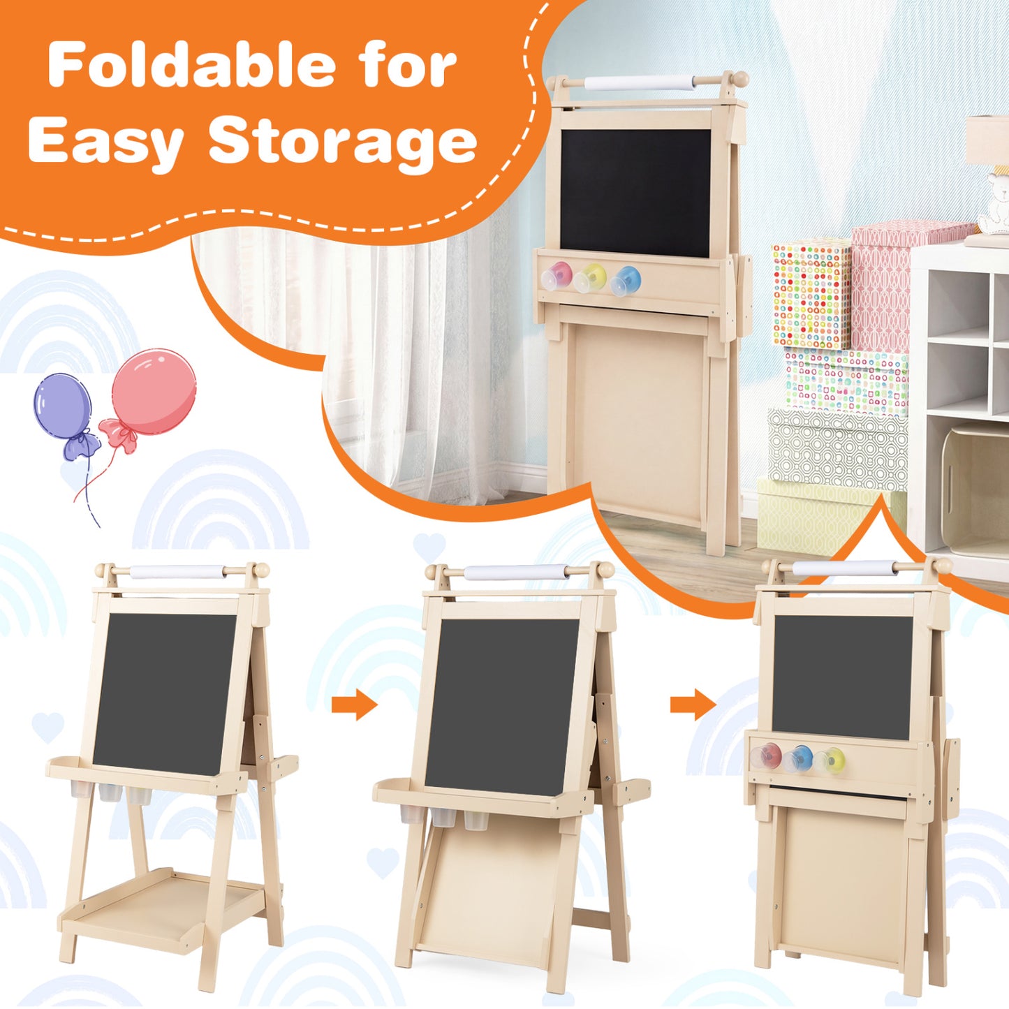 3-In-1 Double-Sided Art Easel, Chalkboard, Whiteboard, Natural