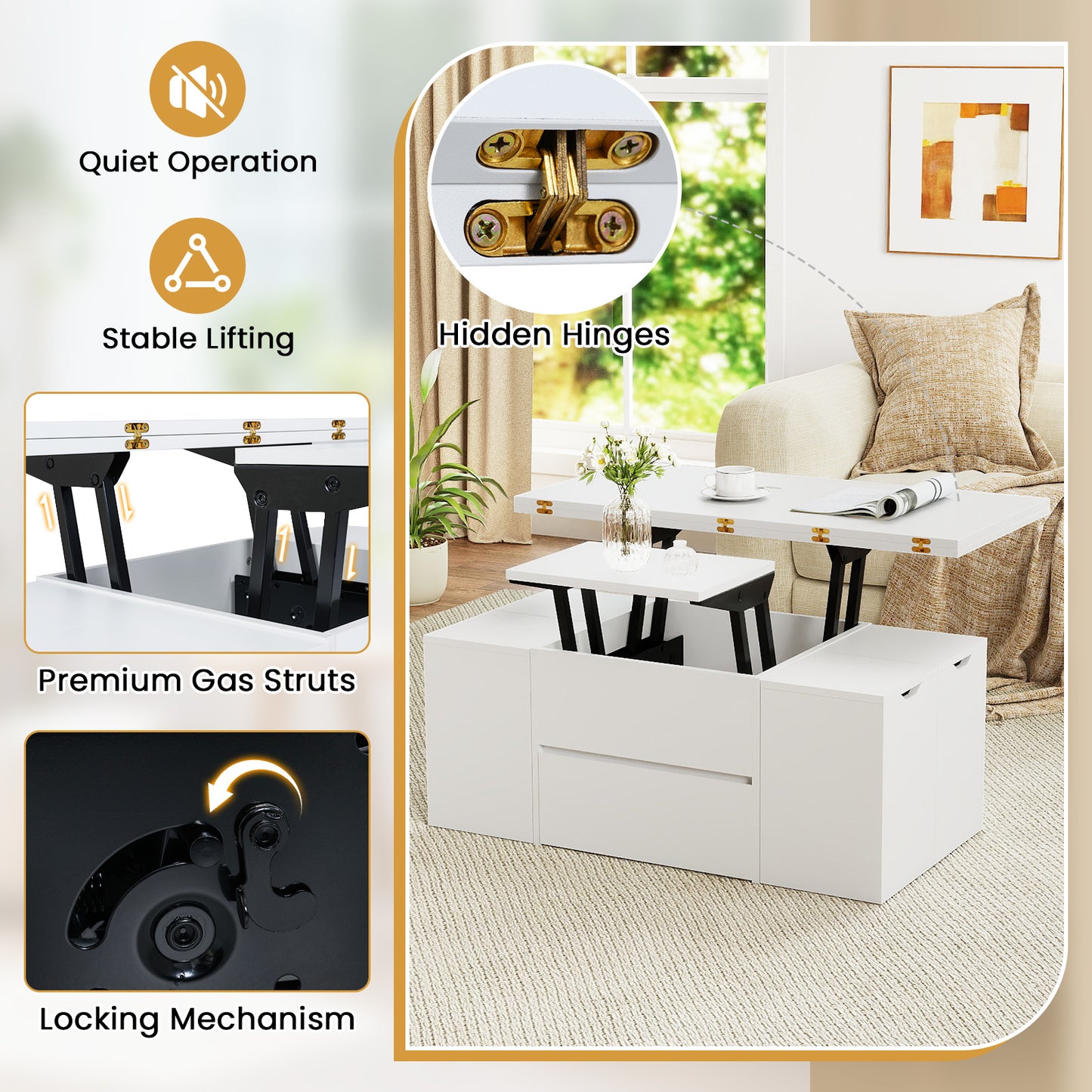 3-in-1 Expandable Lift Top Coffee Table with 4 Storage Stools and Hidden Compartment for 4-8 People, White