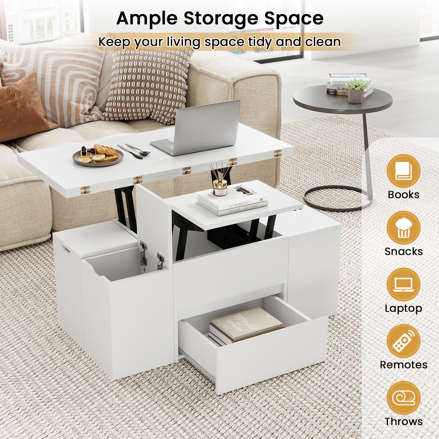 3-in-1 Expandable Lift Top Coffee Table with 4 Storage Stools and Hidden Compartment for 4-8 People, White