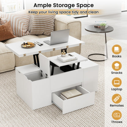 3-in-1 Expandable Lift Top Coffee Table with 4 Storage Stools and Hidden Compartment for 4-8 People, White