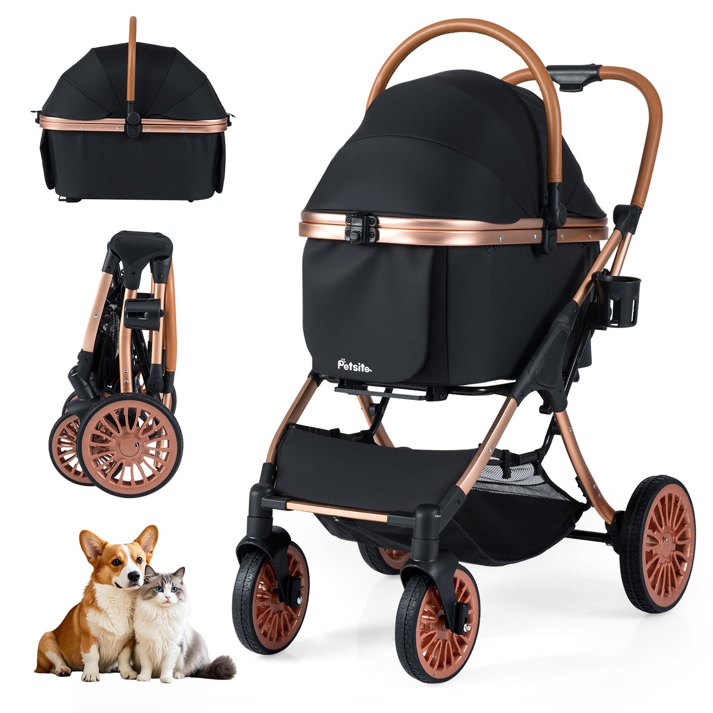 3-in-1 Foldable Pet Stroller with Sun Shade and Safety Belt for up to 55 lbs Small Medium Dogs Cats, Black Cat Supplies Black at Gallery Canada