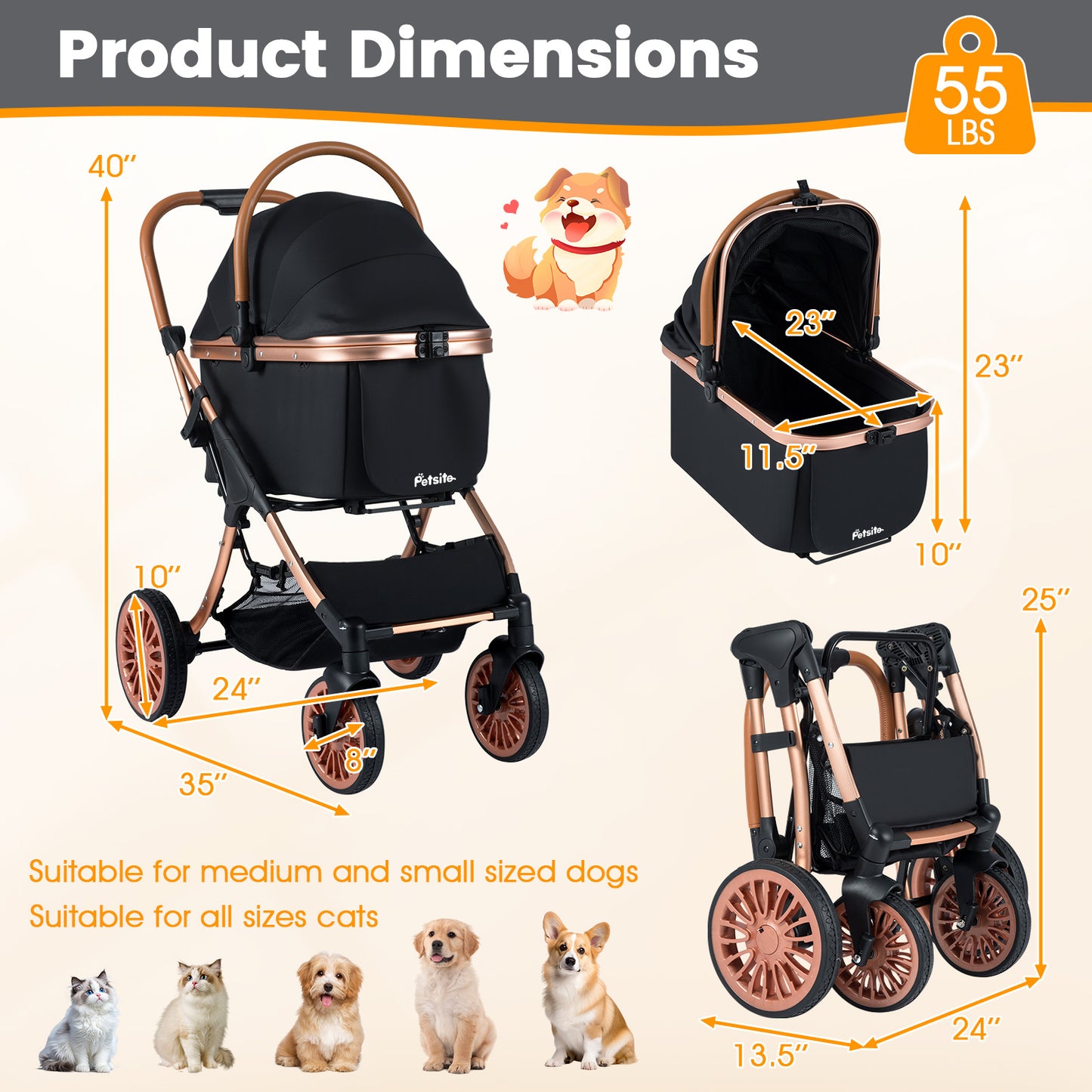 3-in-1 Foldable Pet Stroller with Sun Shade and Safety Belt for up to 55 lbs Small Medium Dogs Cats, Black Cat Supplies at Gallery Canada