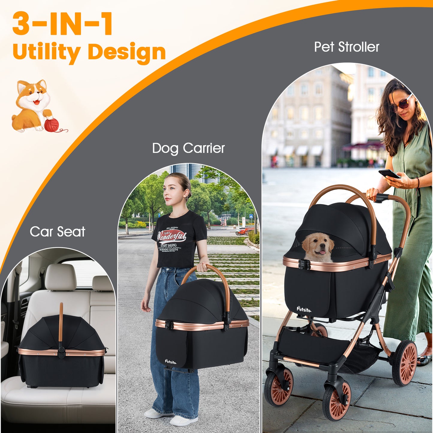 3-in-1 Foldable Pet Stroller with Sun Shade and Safety Belt for up to 55 lbs Small Medium Dogs Cats, Black Cat Supplies at Gallery Canada