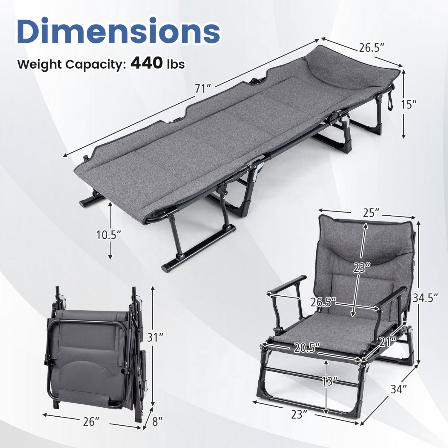 3 in 1 Folding Camping Cot and Comfy Padded Convertible Single Sofa Chair, Gray Camping Furniture at Gallery Canada