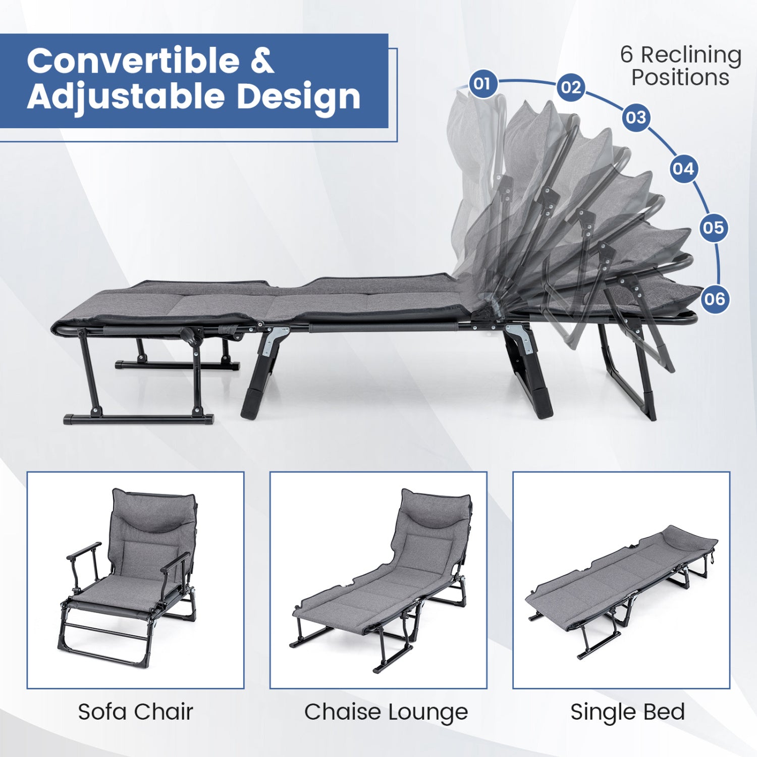 3 in 1 Folding Camping Cot and Comfy Padded Convertible Single Sofa Chair, Gray Camping Furniture at Gallery Canada