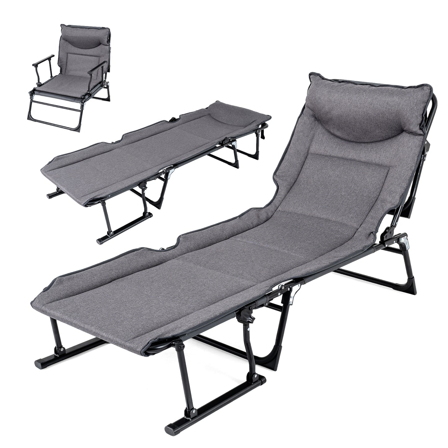 3 In 1 Folding Camping Cot, Comfy Padded Convertible Sofa Chair, Gray Camping Furniture at Gallery Canada