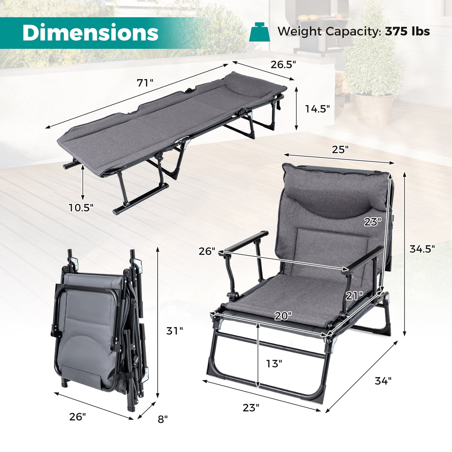 3 In 1 Folding Camping Cot, Comfy Padded Convertible Sofa Chair, Gray Camping Furniture at Gallery Canada