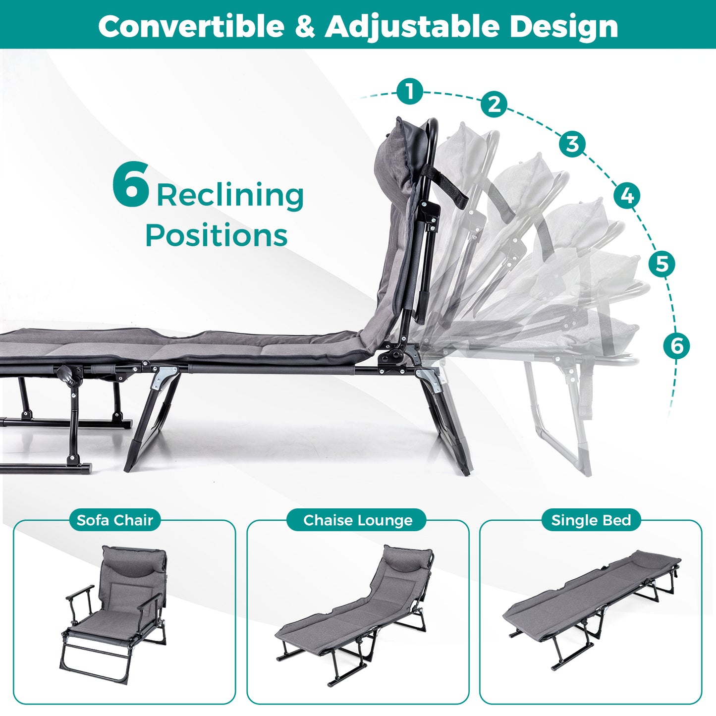 3 In 1 Folding Camping Cot, Comfy Padded Convertible Sofa Chair, Gray Camping Furniture at Gallery Canada