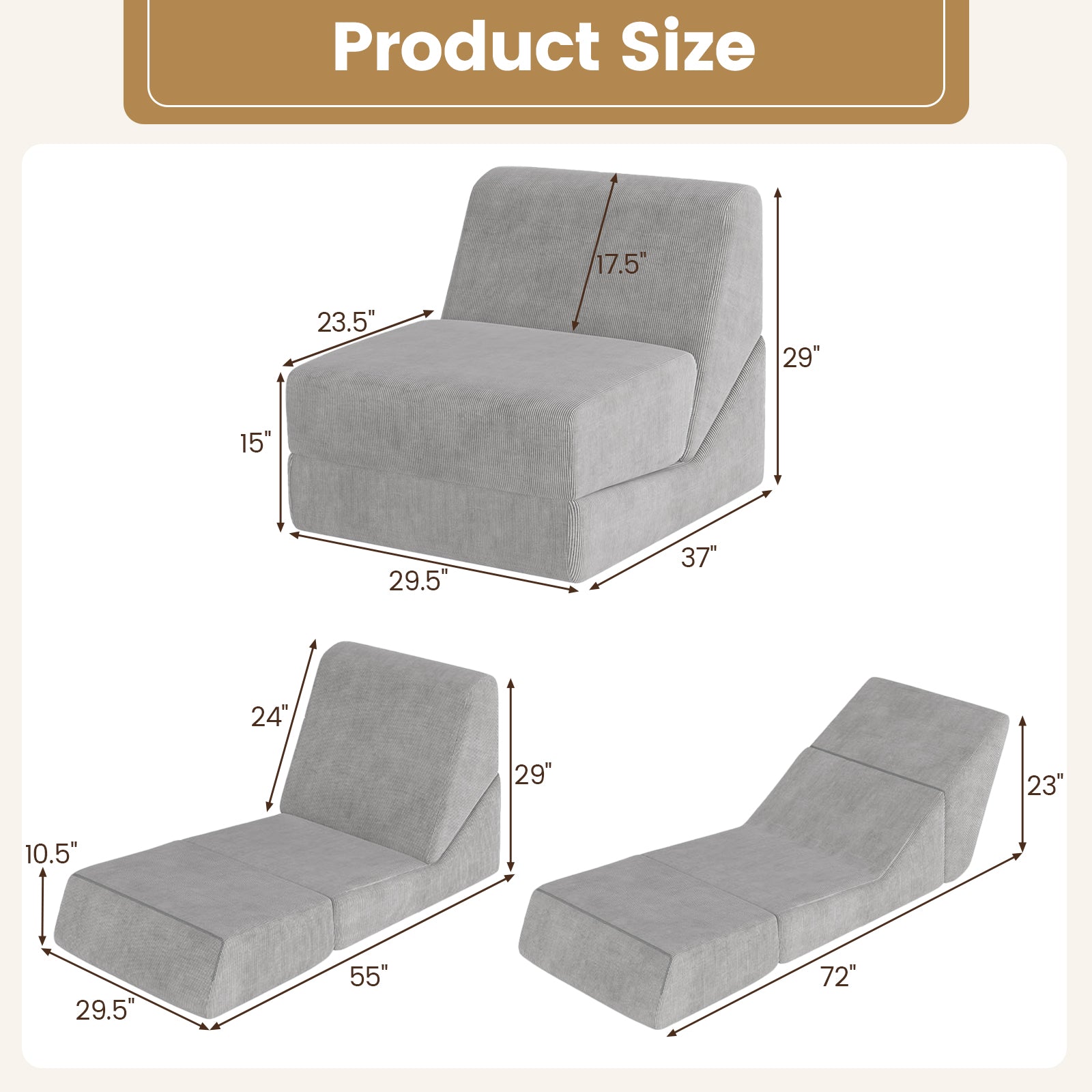 3-in-1 Folding Sofa Bed with Washable Zippered Cover, Gray Sofas & Loveseats at Gallery Canada