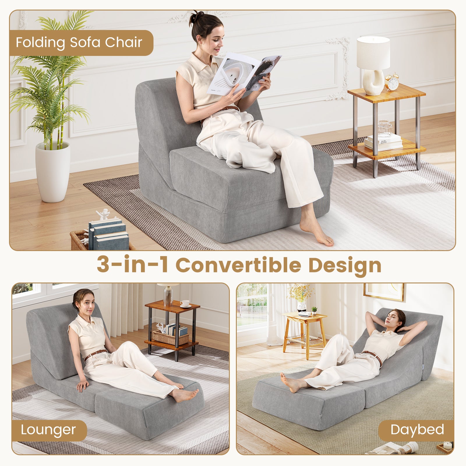 3-in-1 Folding Sofa Bed with Washable Zippered Cover, Gray Sofas & Loveseats at Gallery Canada