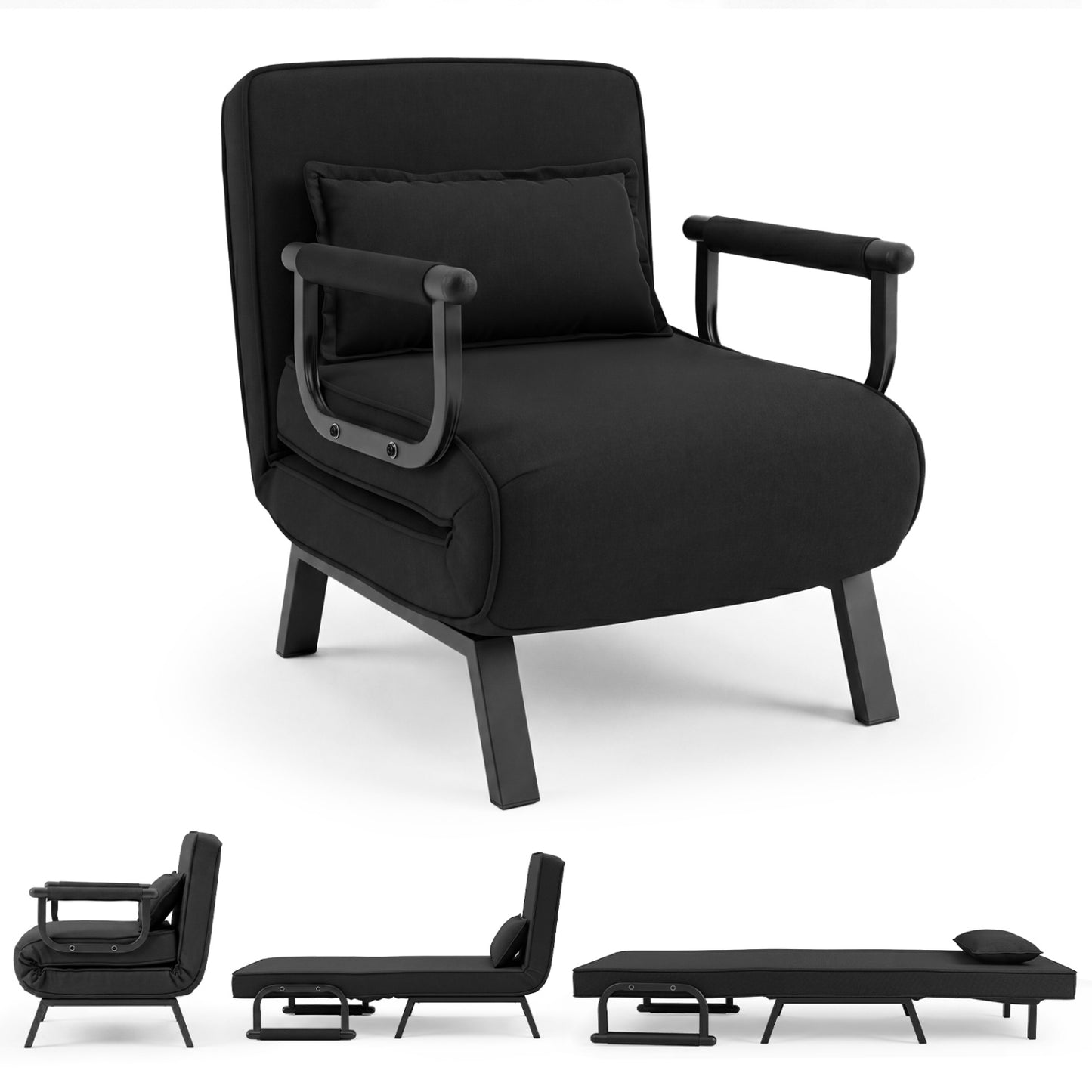 Canapé-lit pliant 3-en-1, dossier réglable, pieds cachés, noir