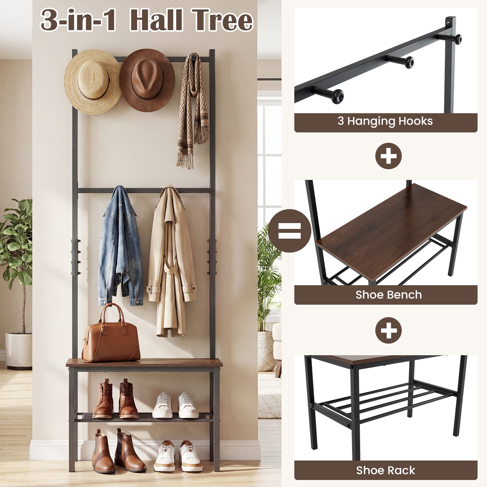 3-in-1 Hall Tree Freestanding Entryway Bench with Hooks Coat Racks & Hall Trees at Gallery Canada