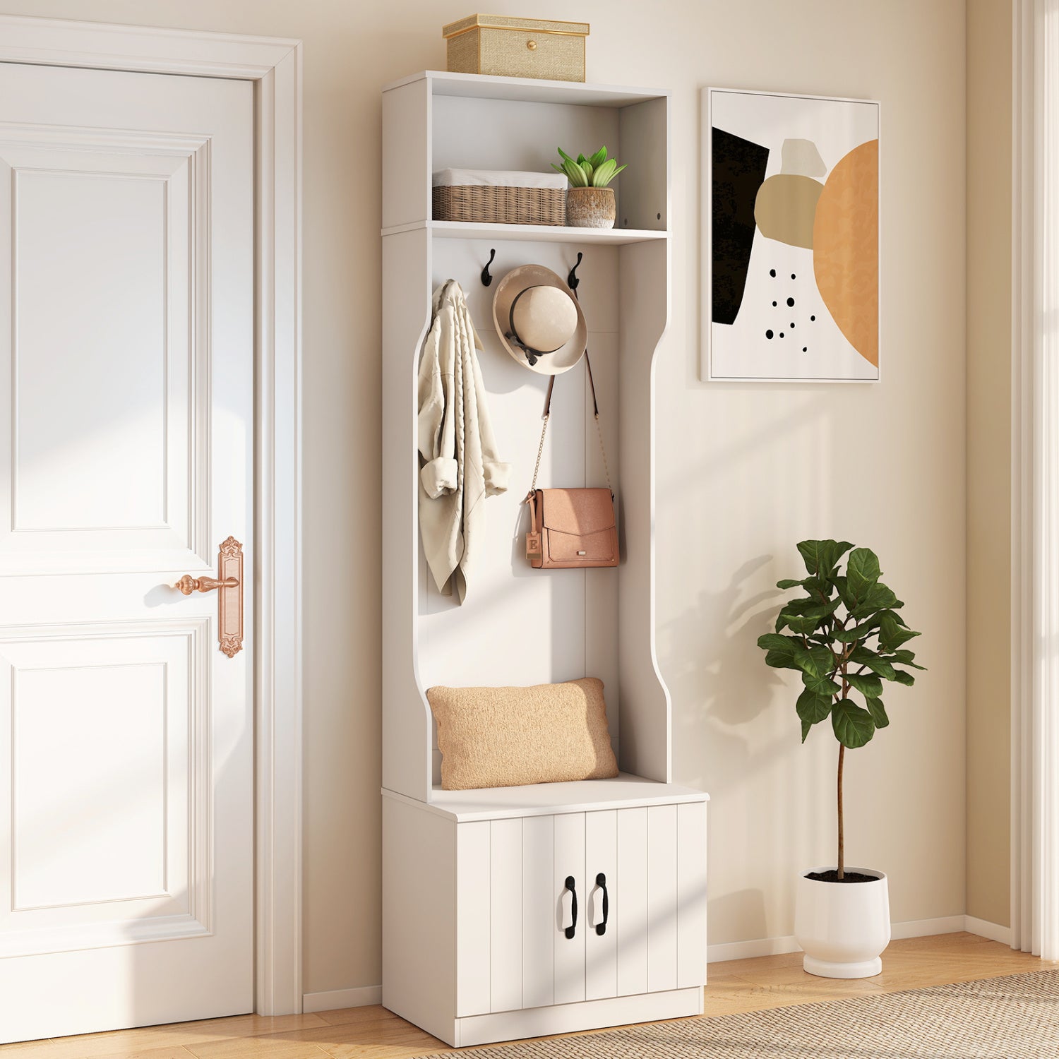 3-in-1 Hall Tree With Bench, Storage, 23.5” Wide, White Coat Racks & Hall Trees at Gallery Canada
