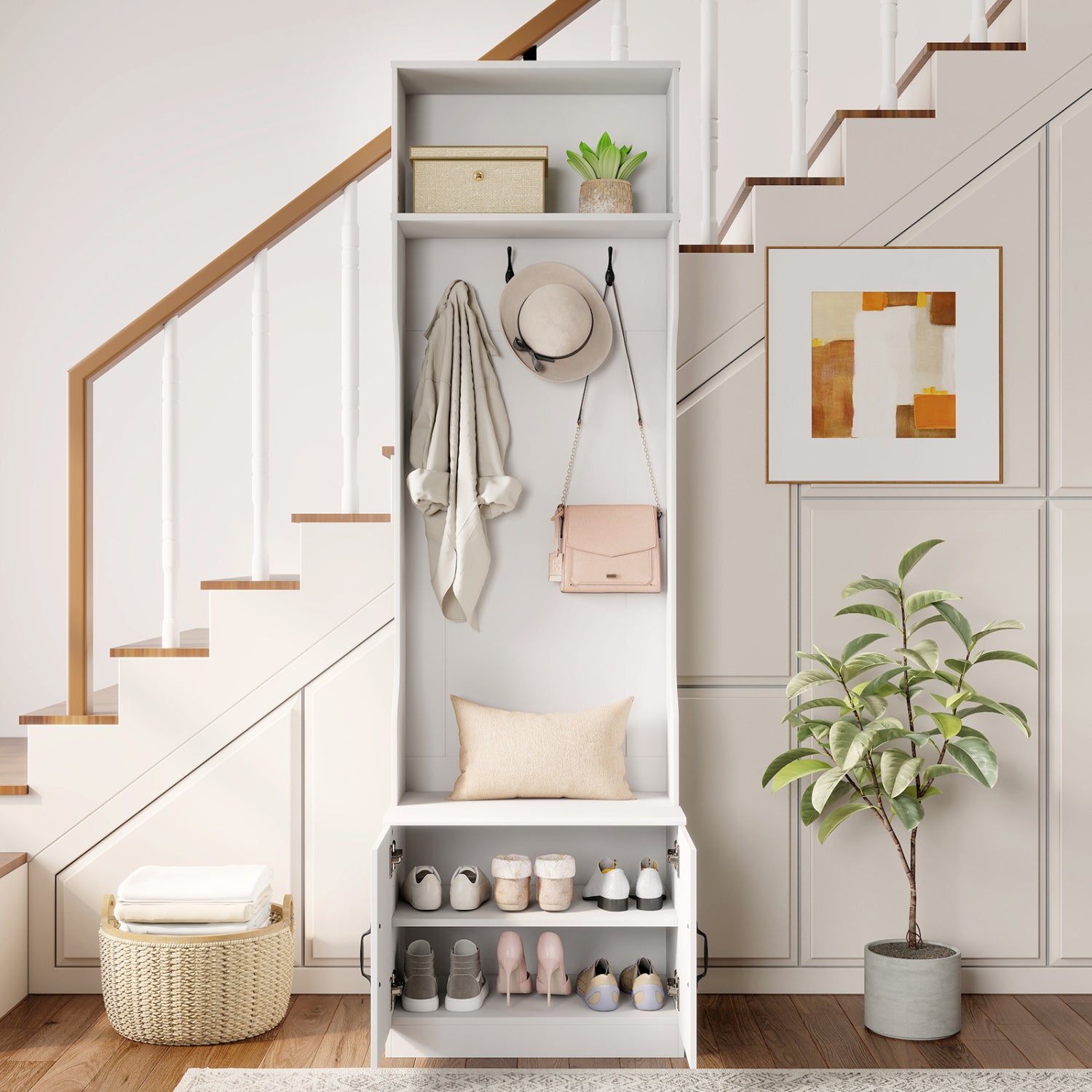 3-in-1 Hall Tree With Bench, Storage, 23.5” Wide, White Coat Racks & Hall Trees at Gallery Canada