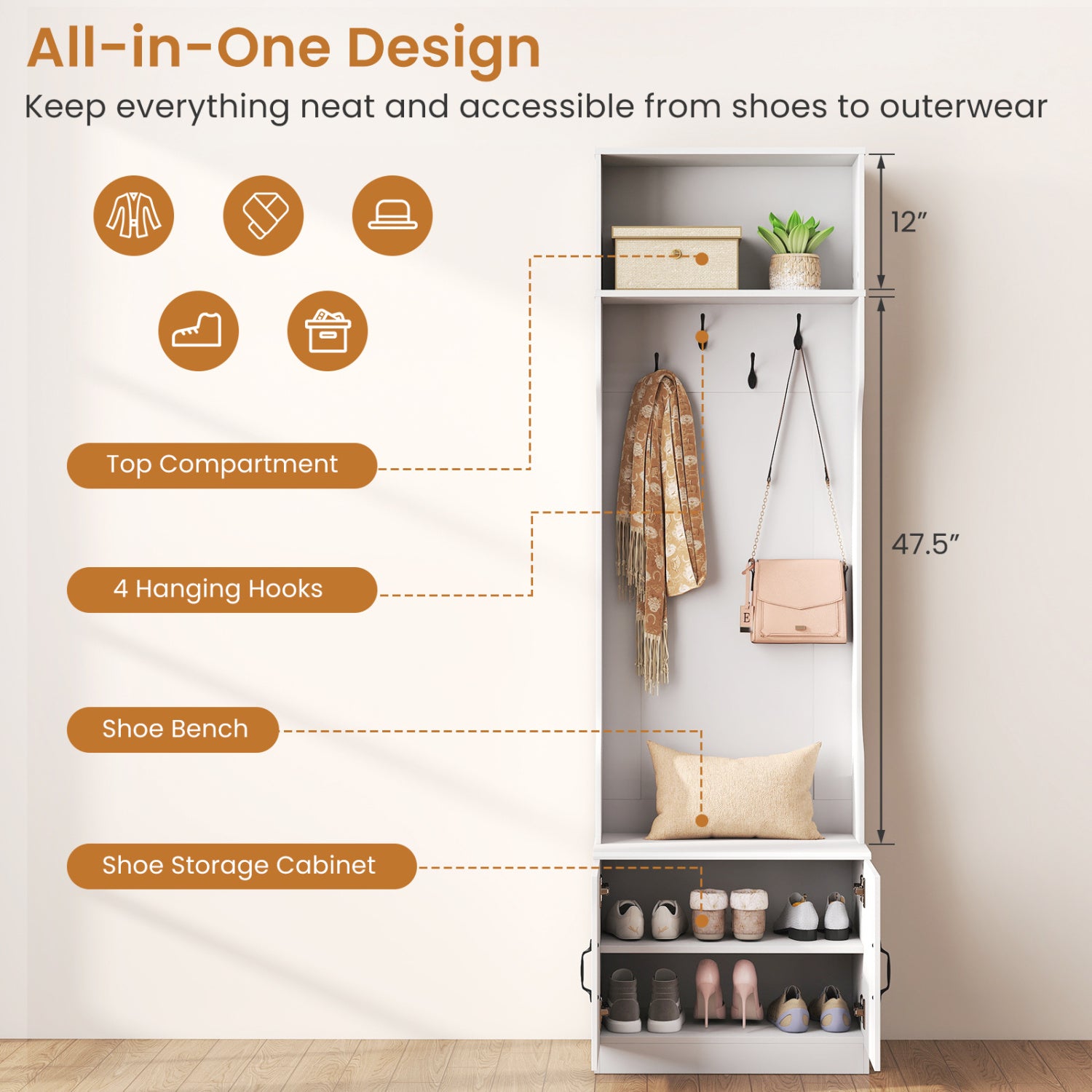 3-in-1 Hall Tree With Bench, Storage, 23.5” Wide, White Coat Racks & Hall Trees at Gallery Canada