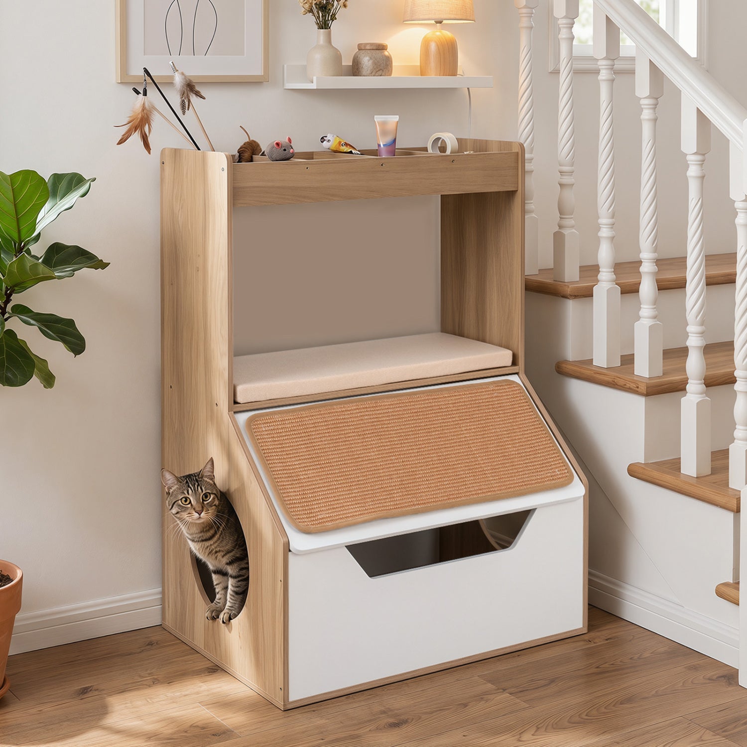 3-in-1 Hidden Cat House Cabinet with 4 Cubbies, Cushion, Scratching Pad, Natural Cat Houses at Gallery Canada